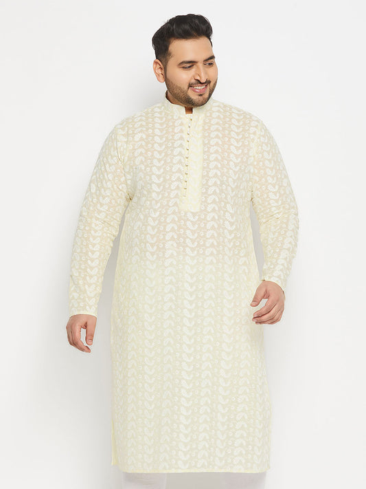 VASTRAMAY Men's Plus Size Yellow Chikankari Embroidered Kurta