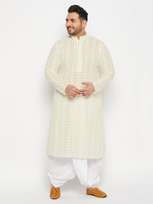 vastramay mens plus size yellow chikankari embroidered kurta and white dhoti set