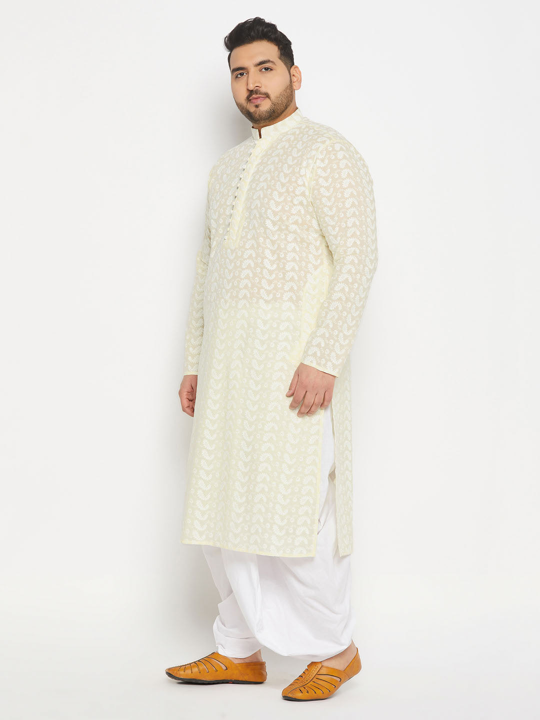 vastramay mens plus size yellow chikankari embroidered kurta and white dhoti set