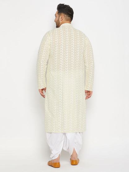 vastramay mens plus size yellow chikankari embroidered kurta and white dhoti set