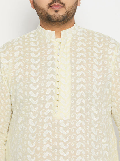 vastramay mens plus size yellow chikankari embroidered kurta and white dhoti set