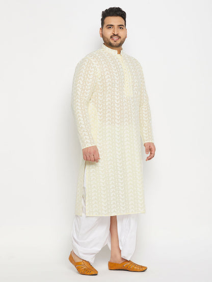 vastramay mens plus size yellow chikankari embroidered kurta and white dhoti set