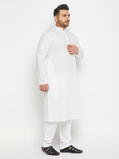 vastramay mens plus size white cotton kurta and cotton pant style pyjama set 1