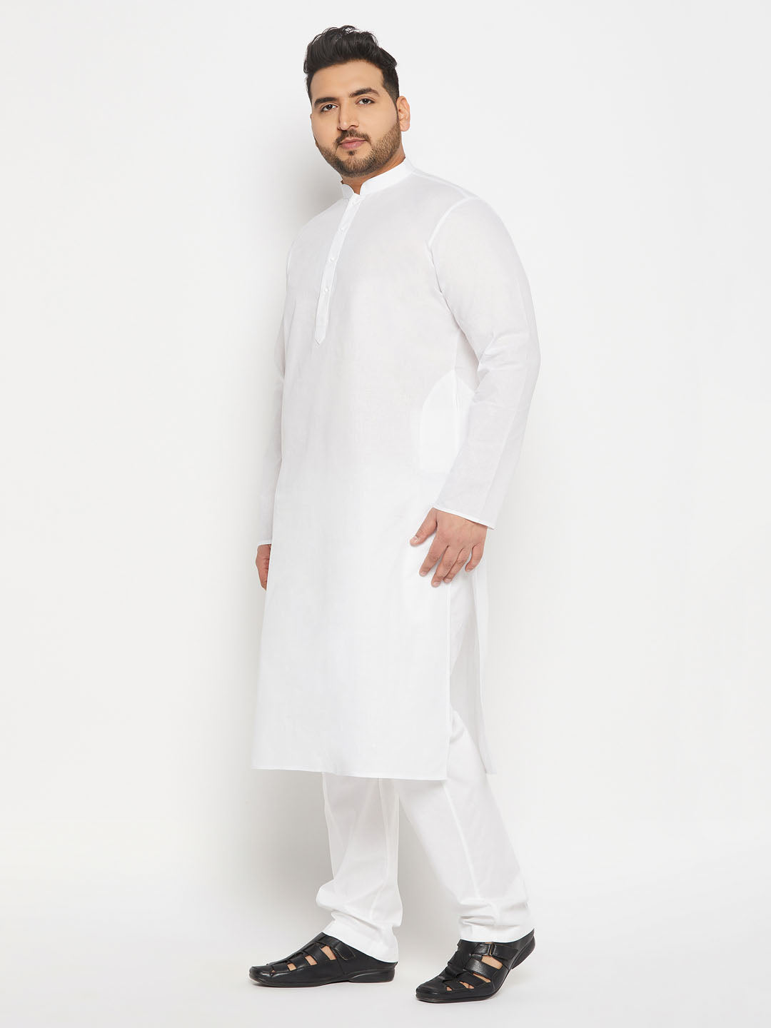 vastramay mens plus size white cotton kurta and cotton pant style pyjama set 1