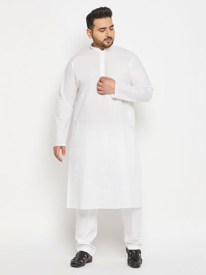 vastramay mens plus size white cotton kurta and cotton pant style pyjama set 1