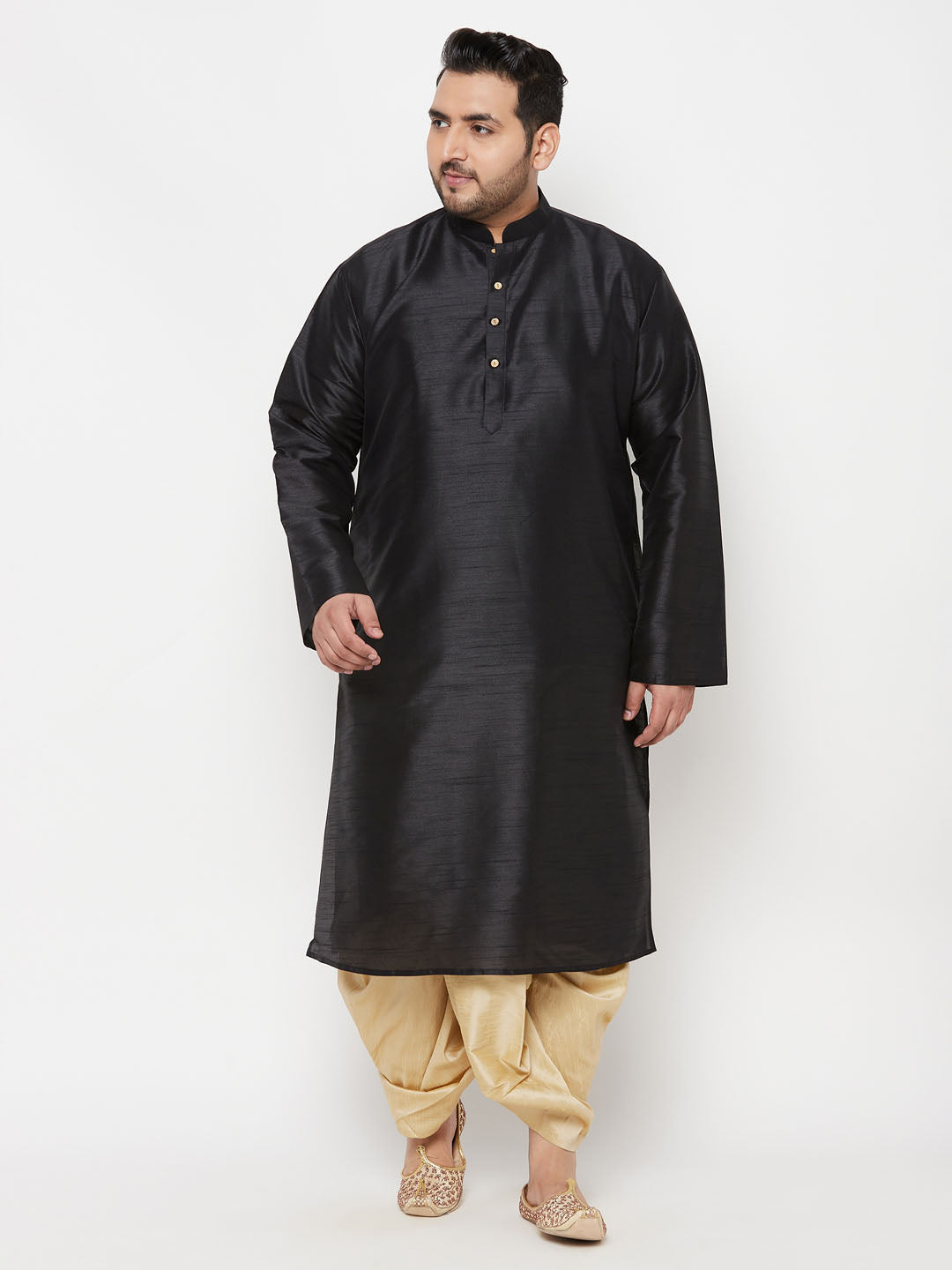 Vastramay mens plus size black silk blend kurta and gold dhoti set