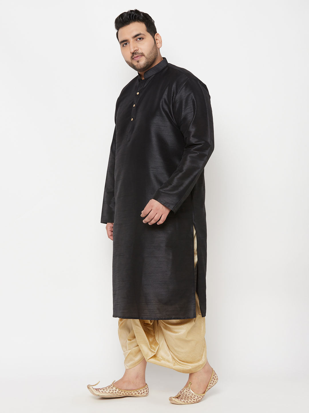 Vastramay mens plus size black silk blend kurta and gold dhoti set