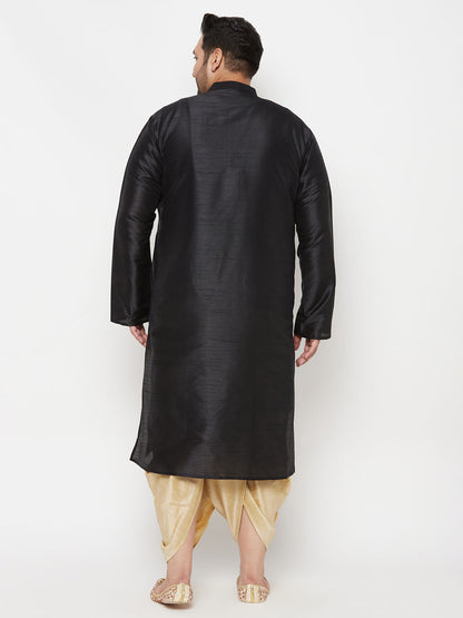 Vastramay mens plus size black silk blend kurta and gold dhoti set