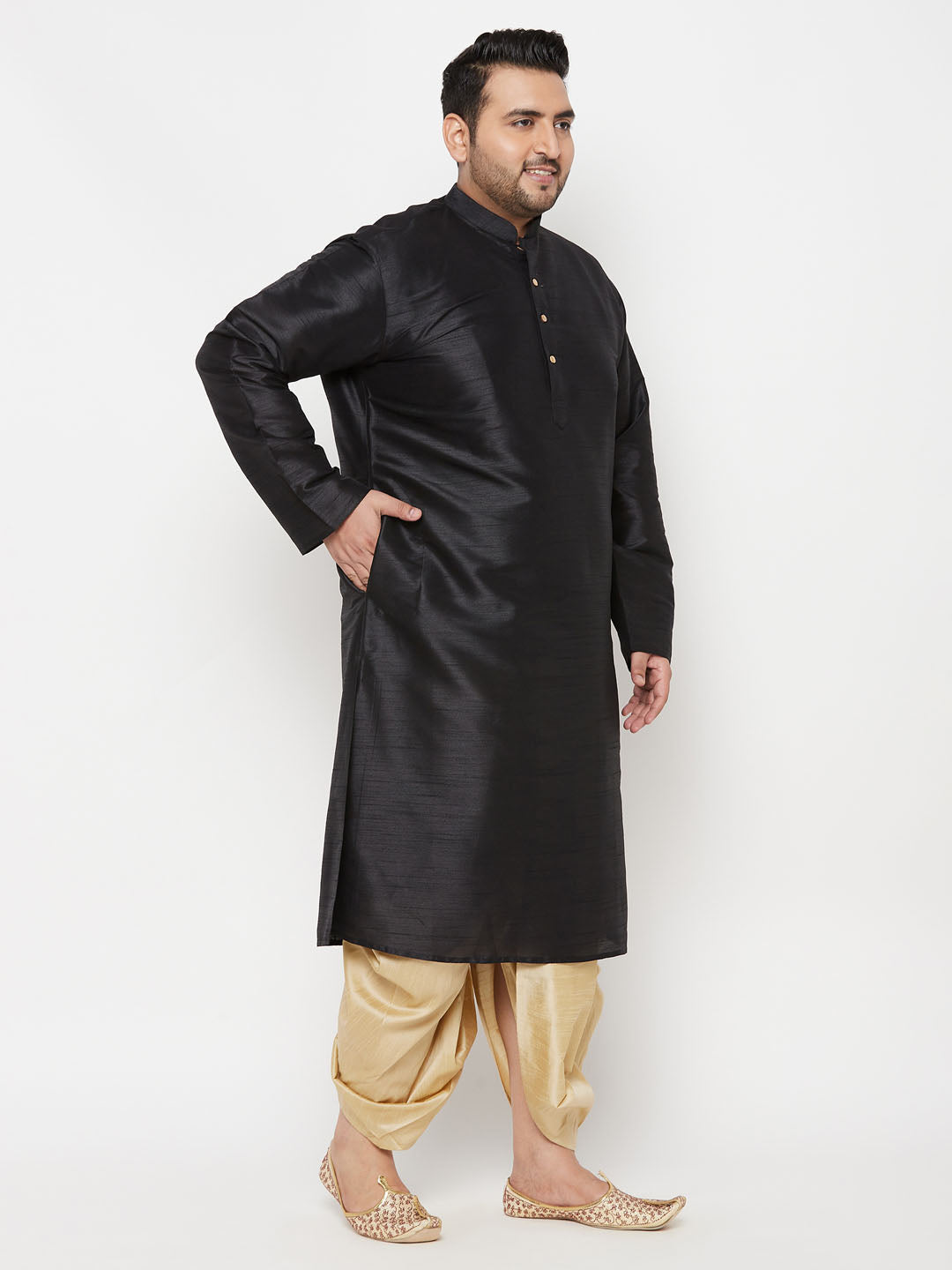 Vastramay mens plus size black silk blend kurta and gold dhoti set