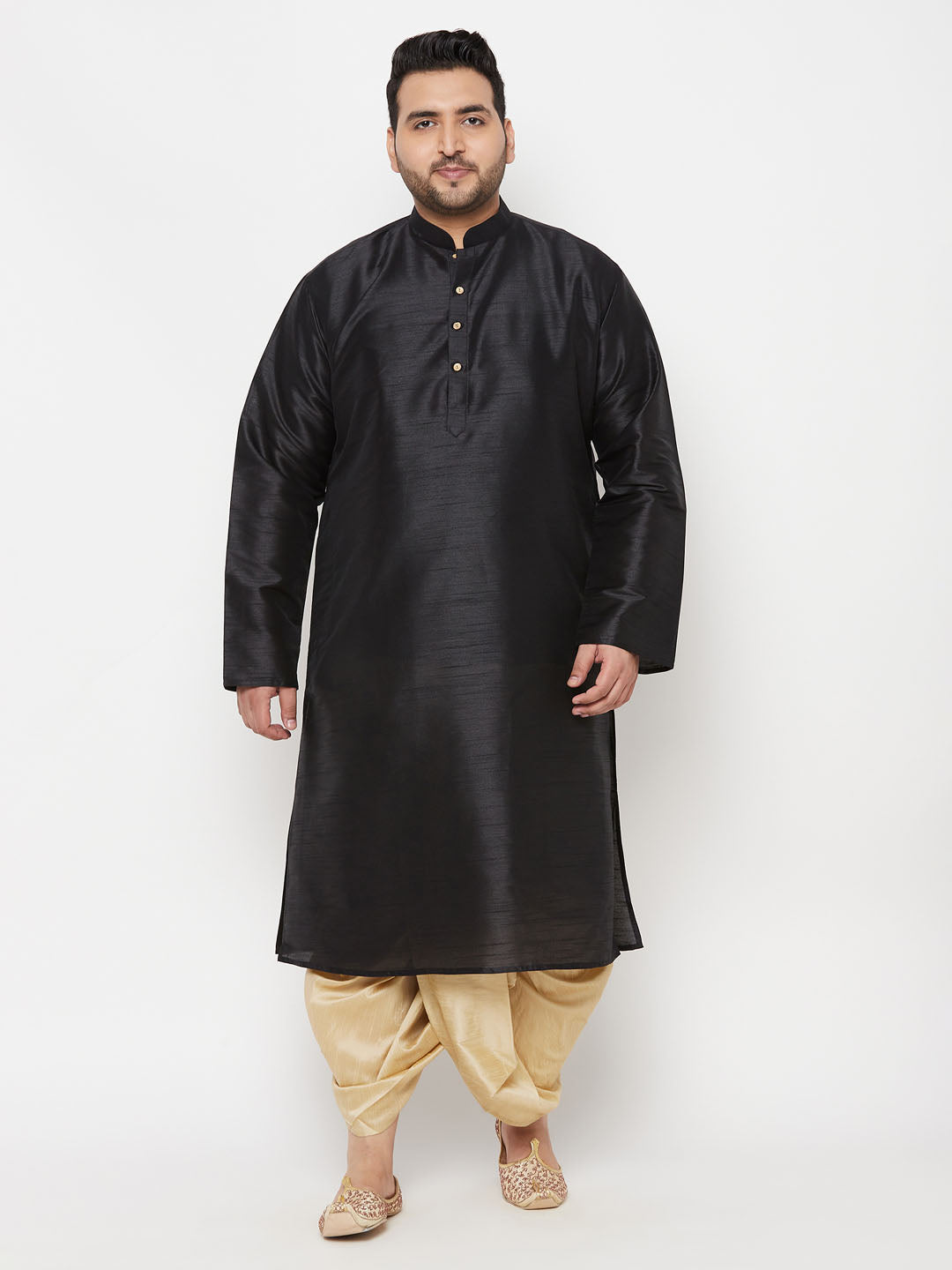 Vastramay Men's Plus Size Black Silk Blend Kurta And Gold Dhoti Set