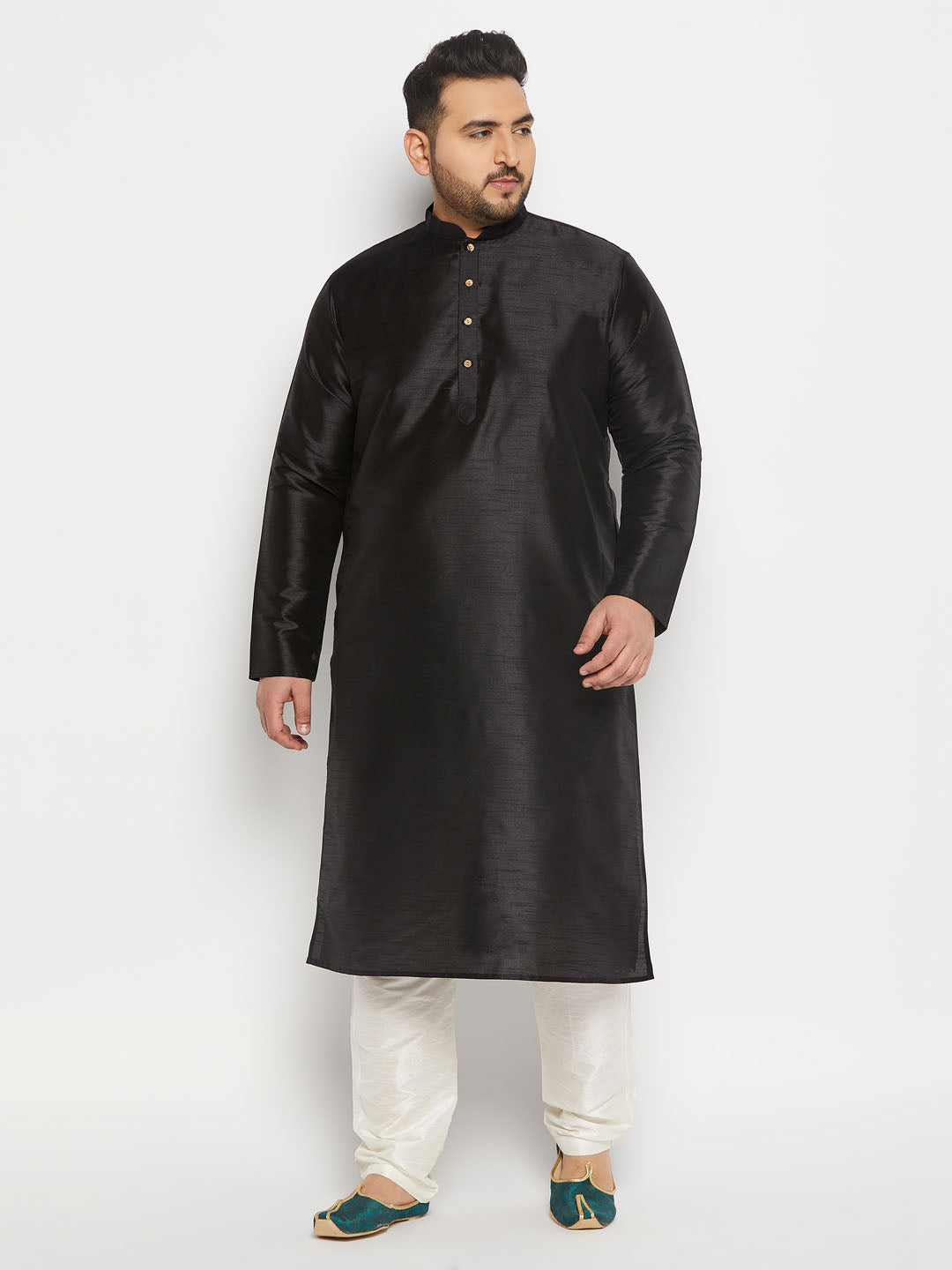 vastramay mens plus size black silk blend kurta and cream pant style pyjama set