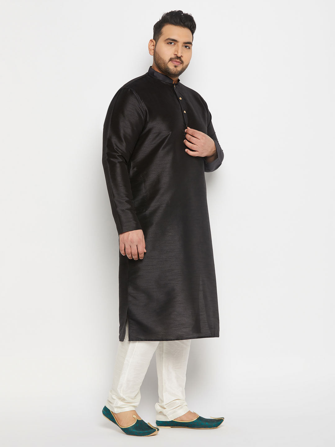 vastramay mens plus size black silk blend kurta and cream pant style pyjama set