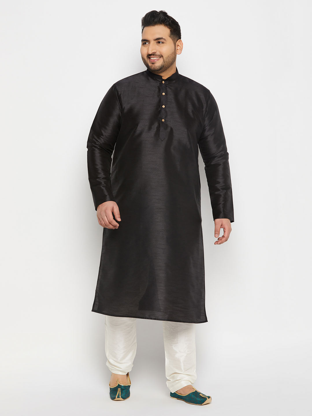 vastramay mens plus size black silk blend kurta and cream pant style pyjama set