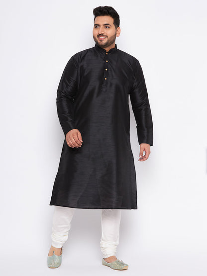 VASTRAMAY Men's Plus Size Black Cotton Silk Blend Kurta and Cream Pyjama Set