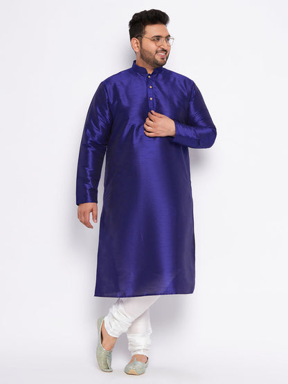 VASTRAMAY Men's Plus Size Dark Blue Silk Blend Kurta And White Pyjama Set