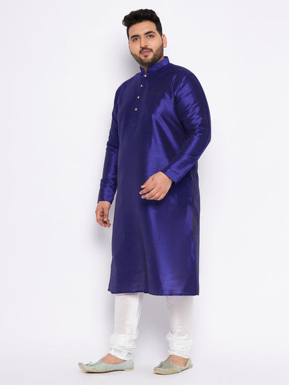 VASTRAMAY Men's Plus Size Dark Blue Silk Blend Kurta And White Pyjama Set