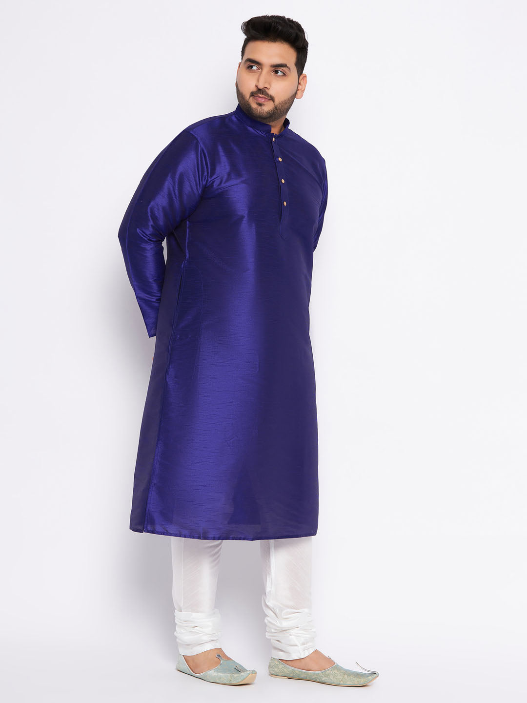 VASTRAMAY Men's Plus Size Dark Blue Silk Blend Kurta And White Pyjama Set