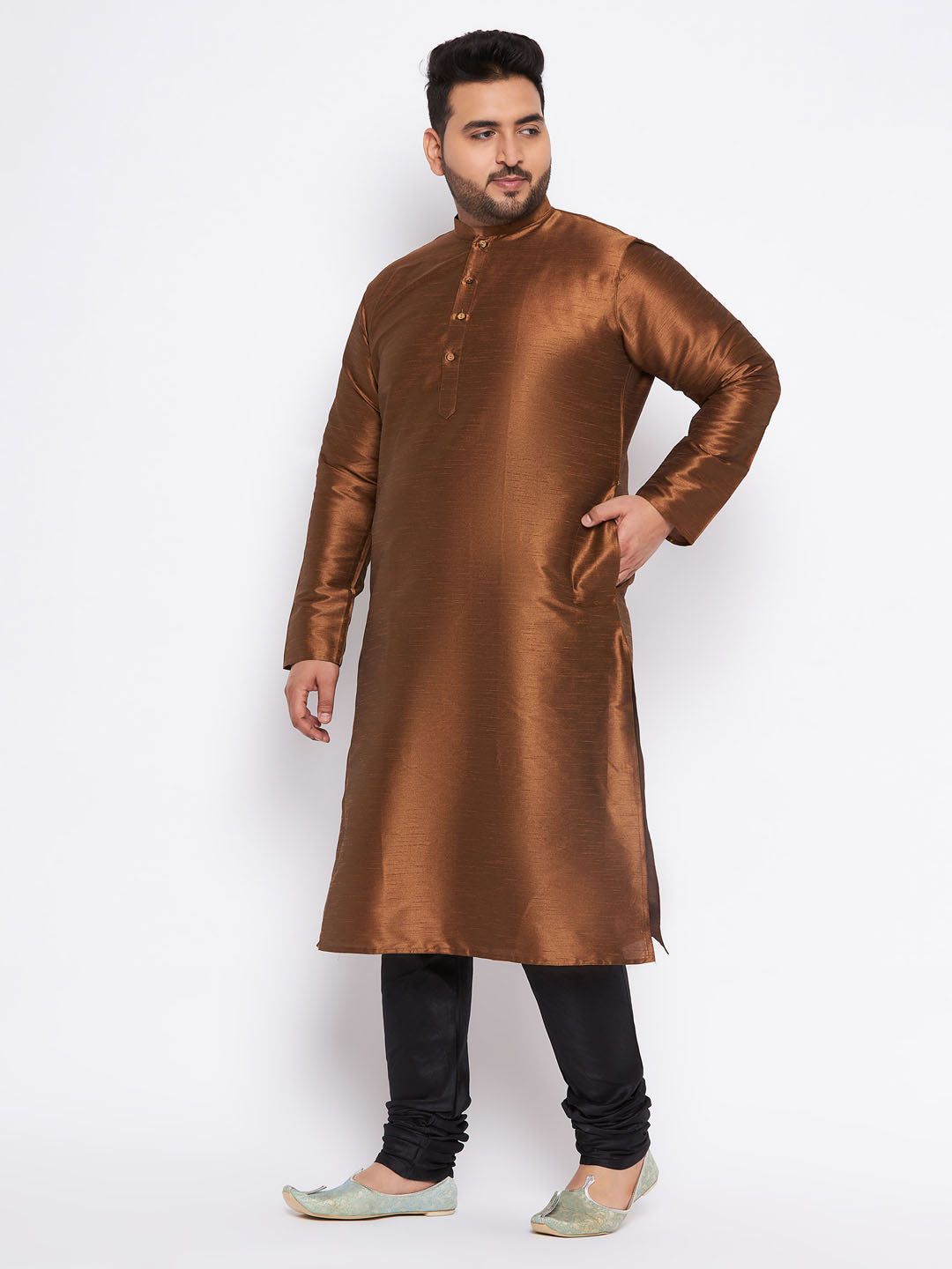 VASTRAMAY Men's Plus Size Coffee Brown Silk Blend Kurta And Black Pyjama Set