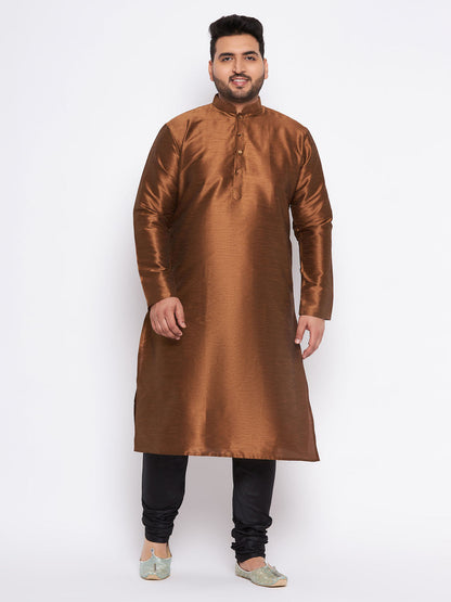 VASTRAMAY Men's Plus Size Coffee Brown Silk Blend Kurta And Black Pyjama Set