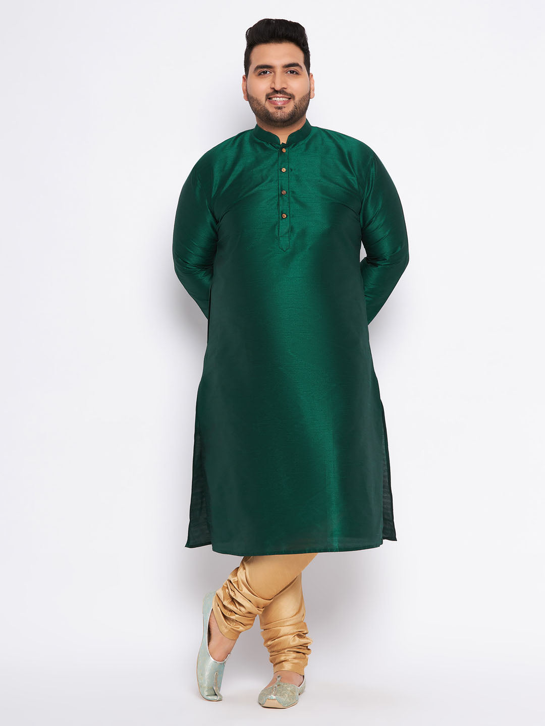 VASTRAMAY Men's Plus Size Green Silk Blend Kurta And Rose Gold Pyjama Set