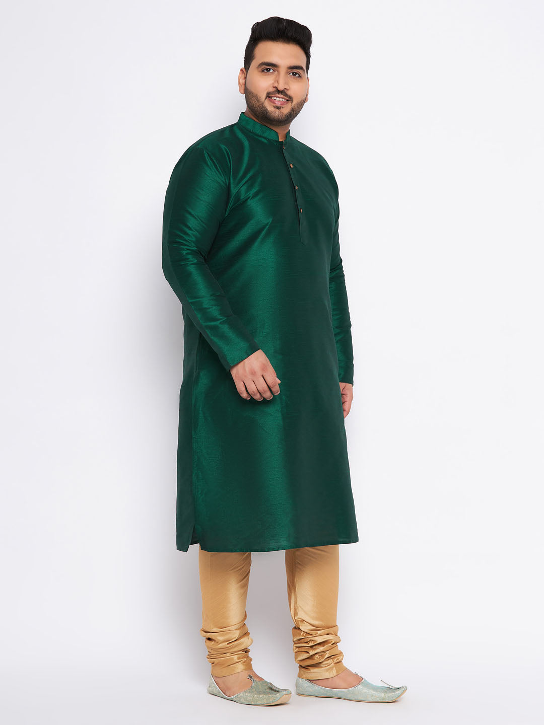 VASTRAMAY Men's Plus Size Green Silk Blend Kurta And Rose Gold Pyjama Set