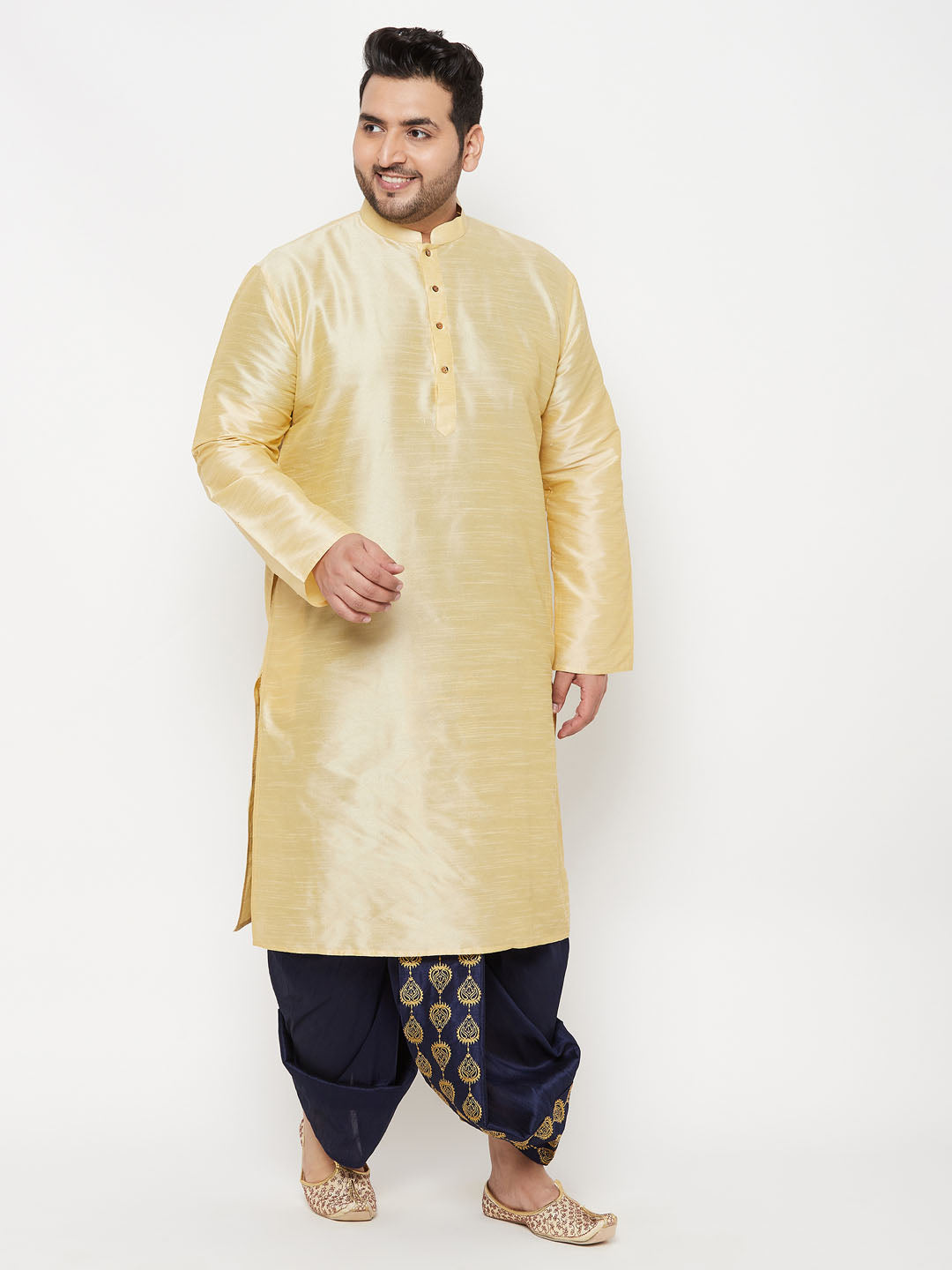 Vastramay mens plus size gold silk blend kurta and navy blue dhoti set