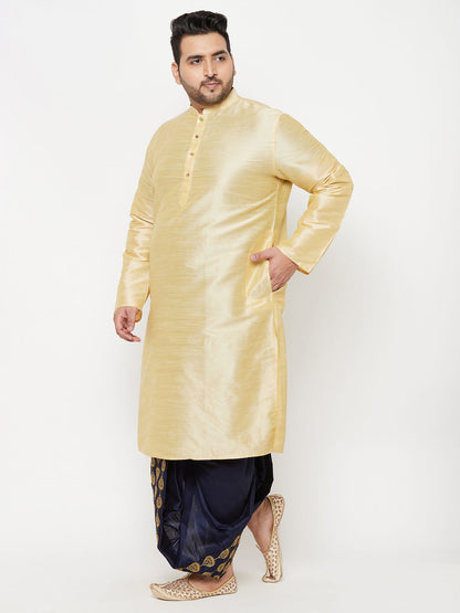 Vastramay mens plus size gold silk blend kurta and navy blue dhoti set