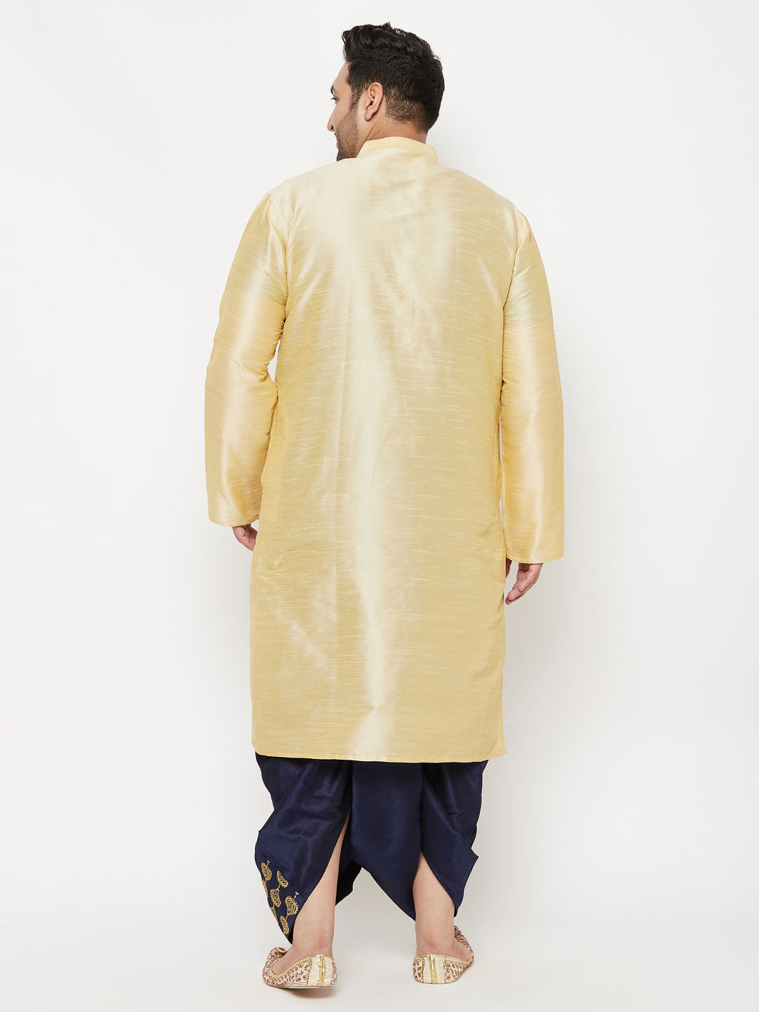 Vastramay mens plus size gold silk blend kurta and navy blue dhoti set