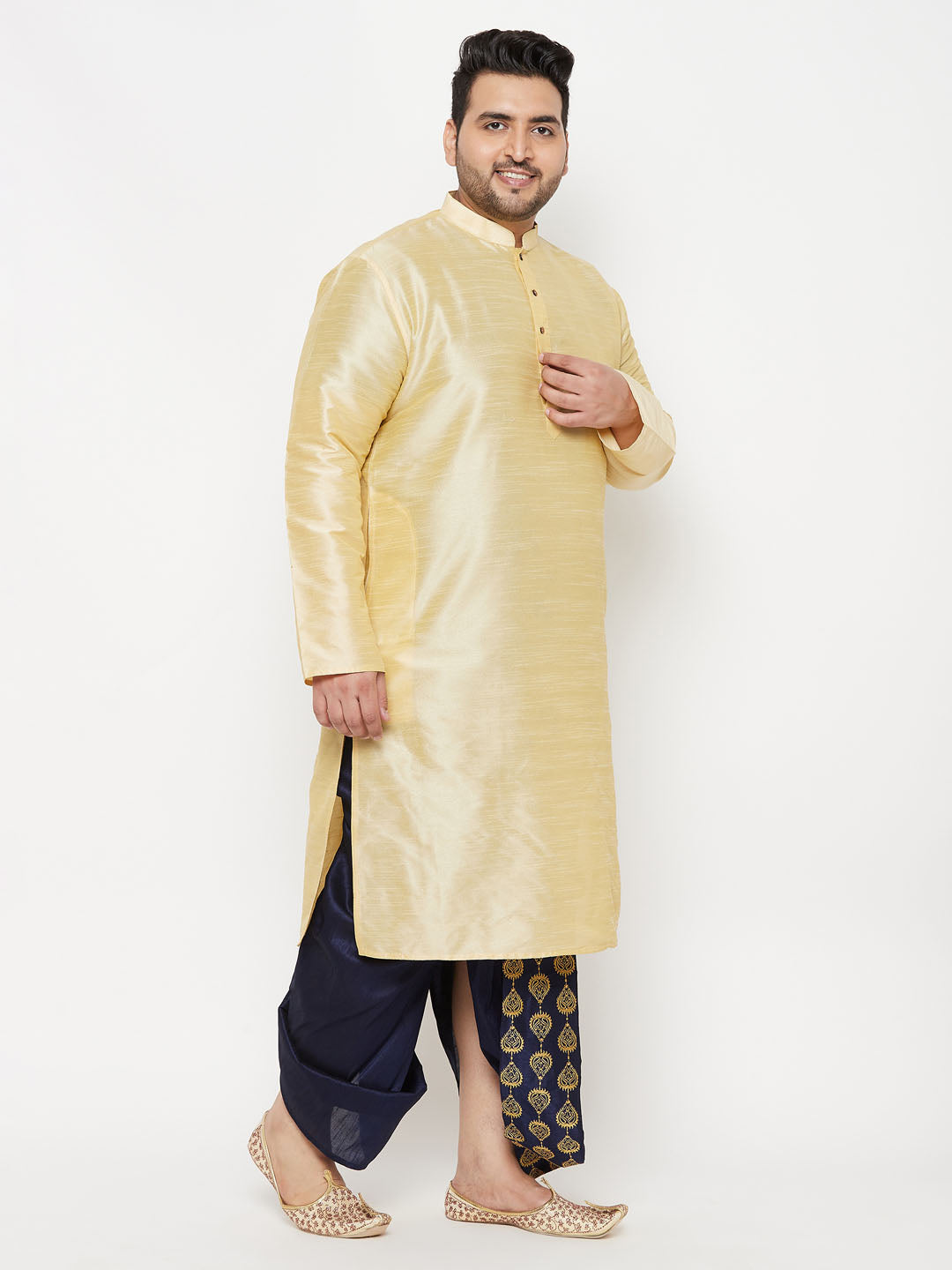 Vastramay mens plus size gold silk blend kurta and navy blue dhoti set