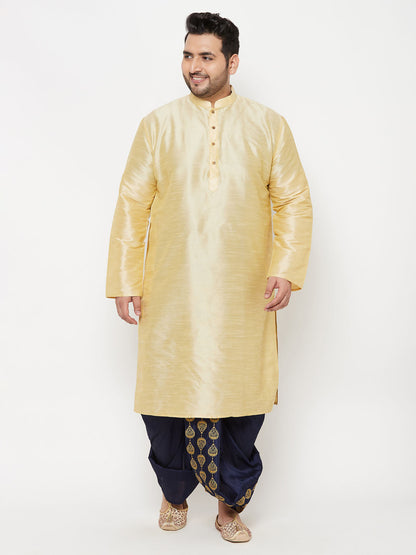 Vastramay Men's Plus Size Gold Silk Blend Kurta And Navy Blue Dhoti Set