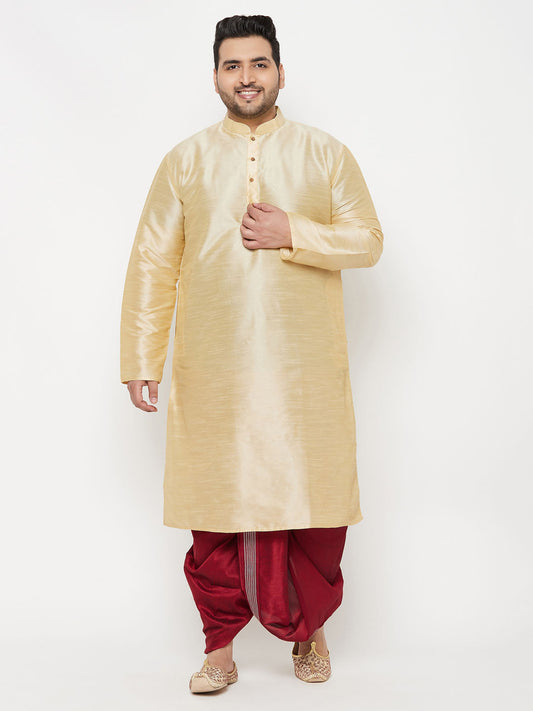 Vastramay mens plus size gold cotton kurta and maroon dhoti set