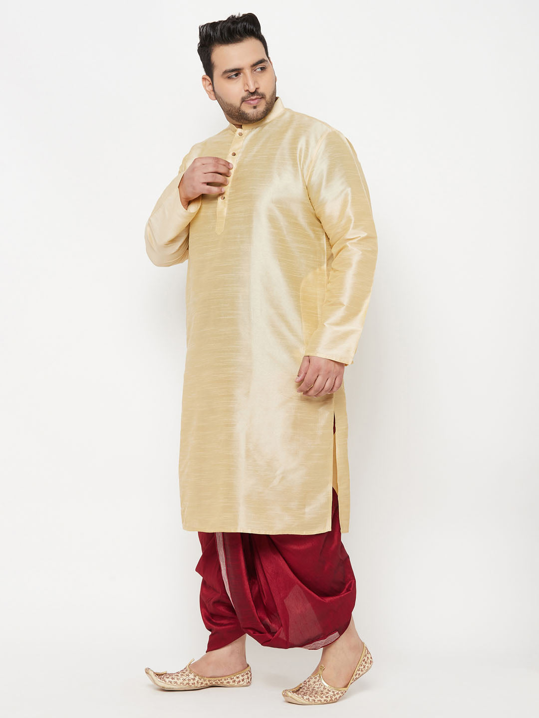 Vastramay mens plus size gold cotton kurta and maroon dhoti set