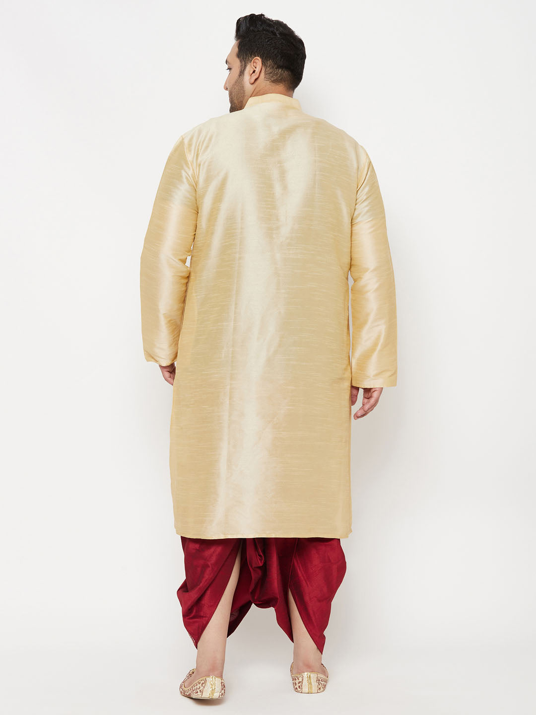 Vastramay mens plus size gold cotton kurta and maroon dhoti set