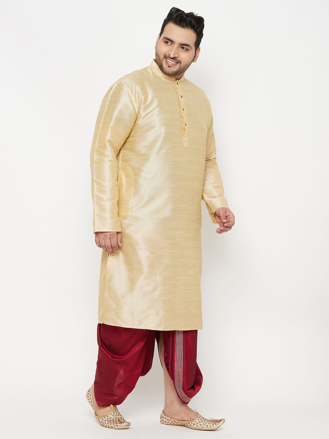 Vastramay mens plus size gold cotton kurta and maroon dhoti set