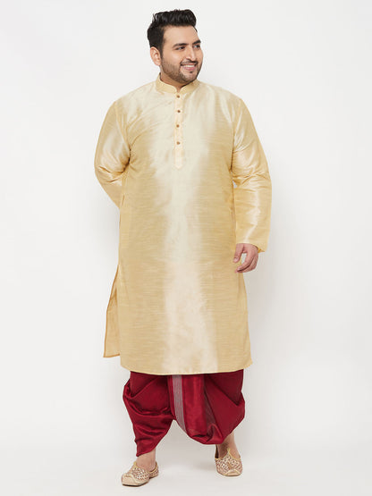 Vastramay Men's Plus Size Gold Silk Blend Kurta And Maroon Dhoti Set