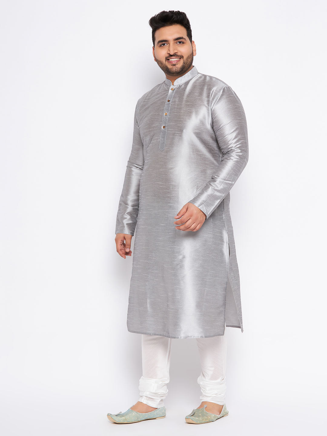 VASTRAMAY Men's Plus Size Grey Kurta And White Pyjama Set