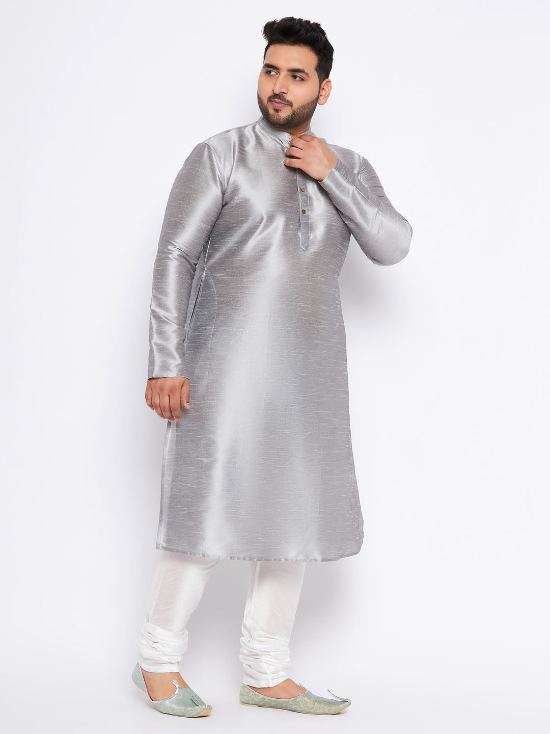 VASTRAMAY Men's Plus Size Grey Kurta And White Pyjama Set