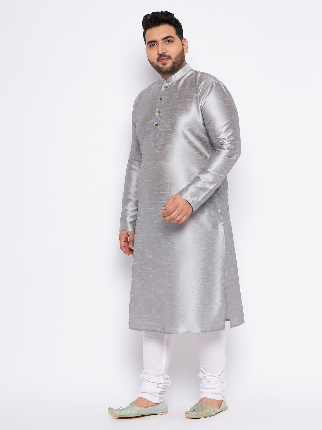 VASTRAMAY Men's Plus Size Grey Kurta And White Pyjama Set