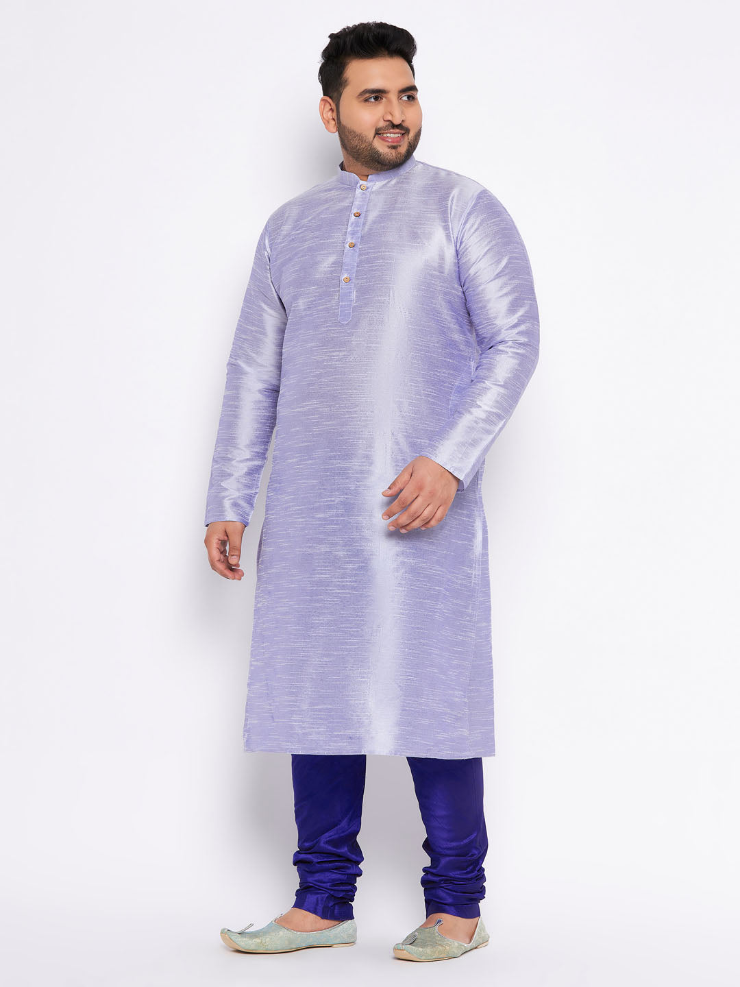 VASTRAMAY Men's Plus Size Lavender Silk Blend Kurta And Blue Pyjama Set