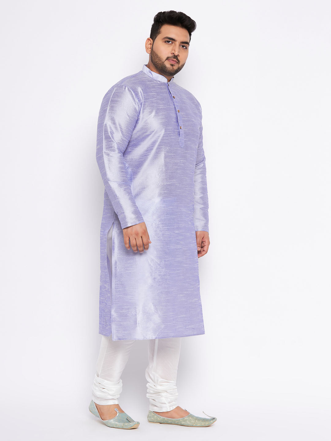 VASTRAMAY Men's Plus Size Lavender Silk Blend Kurta And White Pyjama Set