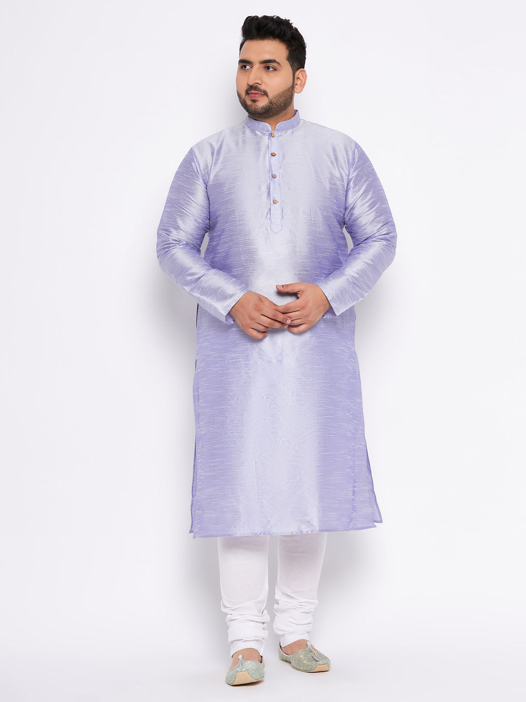 VASTRAMAY Men's Plus Size Lavender Silk Blend Kurta And White Pyjama Set