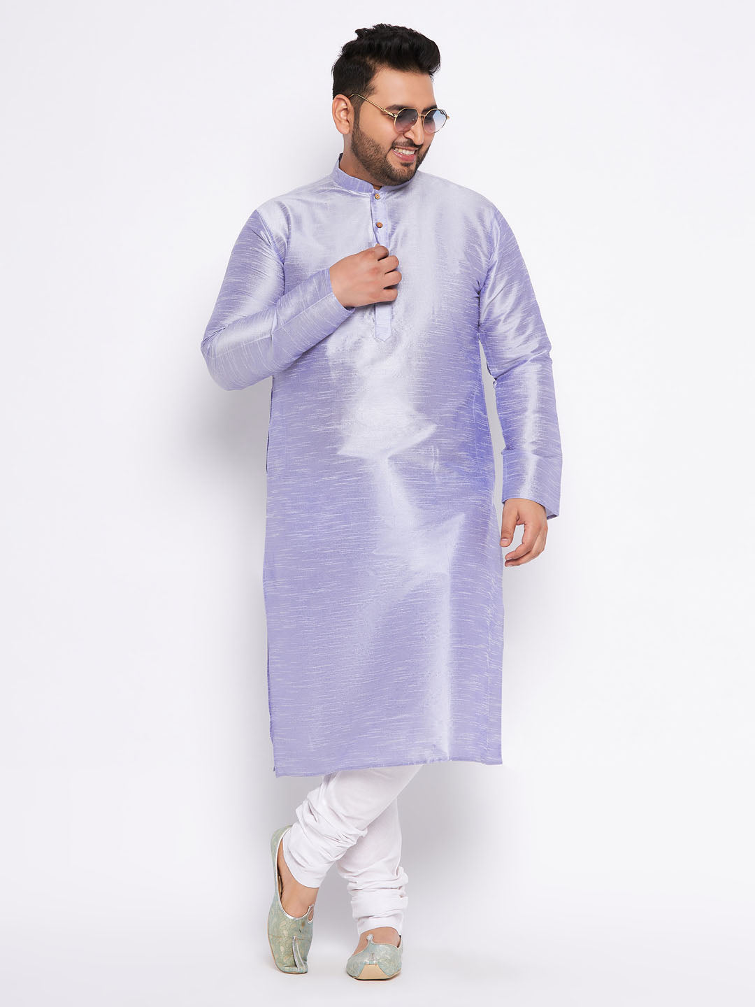 VASTRAMAY Men's Plus Size Lavender Silk Blend Kurta And White Pyjama Set