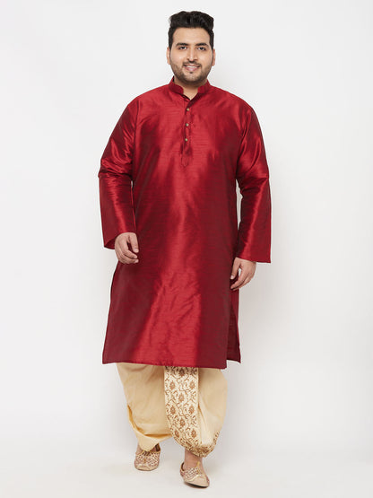 Vastramay mens plus size maroon silk blend kurta and gold dhoti set 1