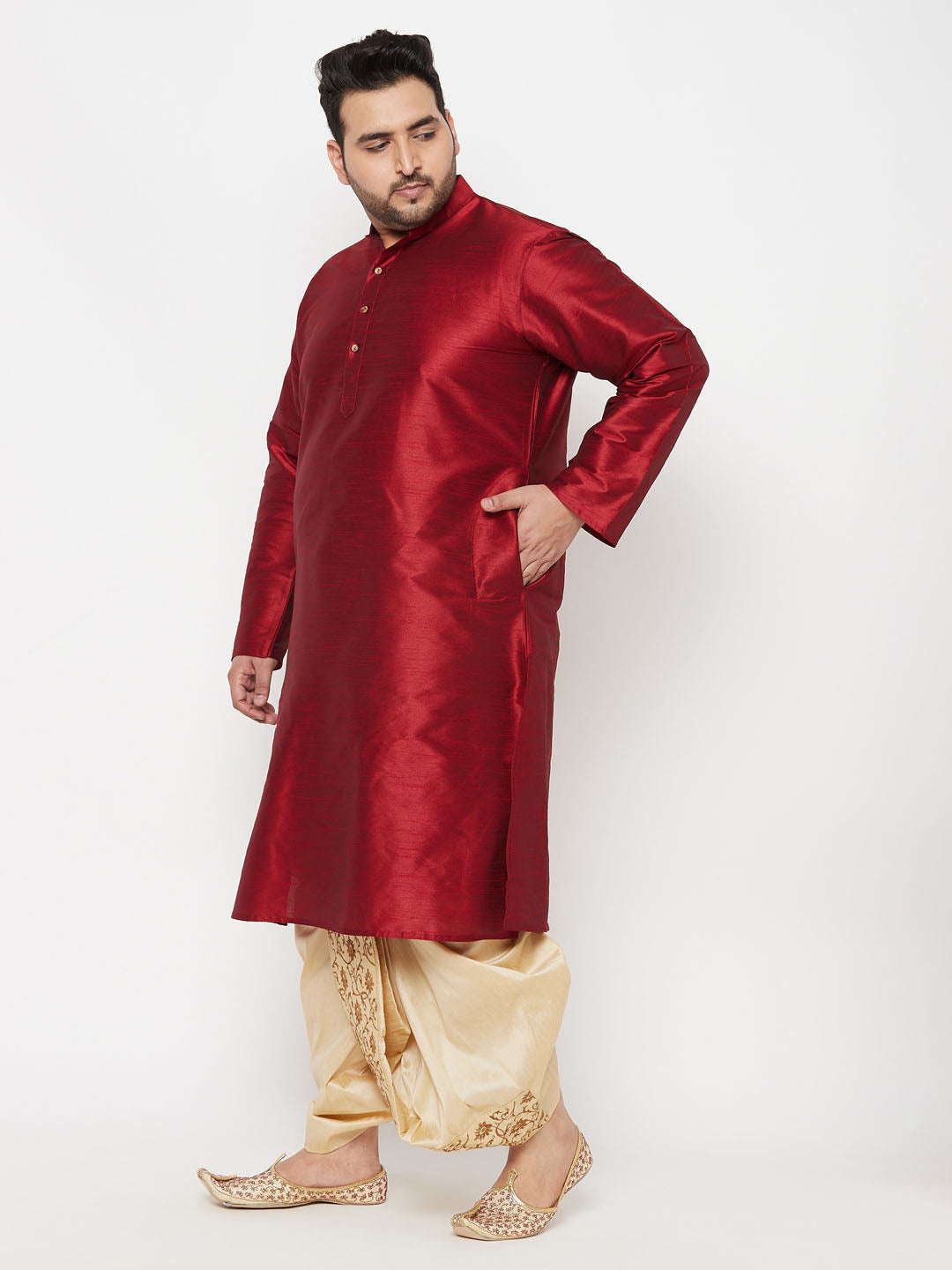 Vastramay mens plus size maroon silk blend kurta and gold dhoti set 1