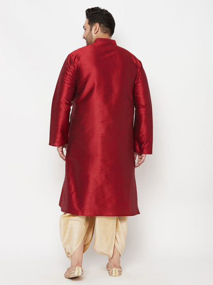 Vastramay mens plus size maroon silk blend kurta and gold dhoti set 1