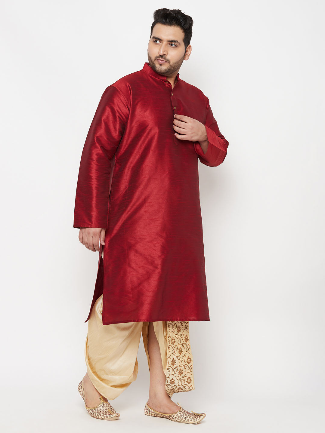 Vastramay mens plus size maroon silk blend kurta and gold dhoti set 1