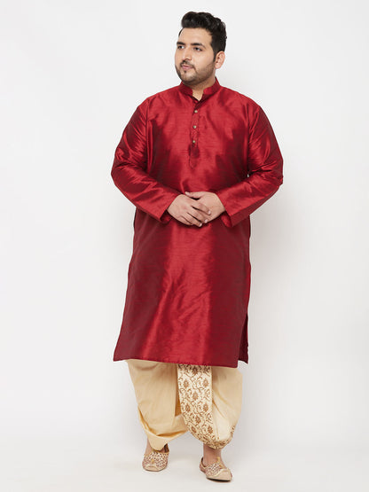 Vastramay Men's Plus Size Maroon Silk Blend Kurta And Gold Dhoti Set