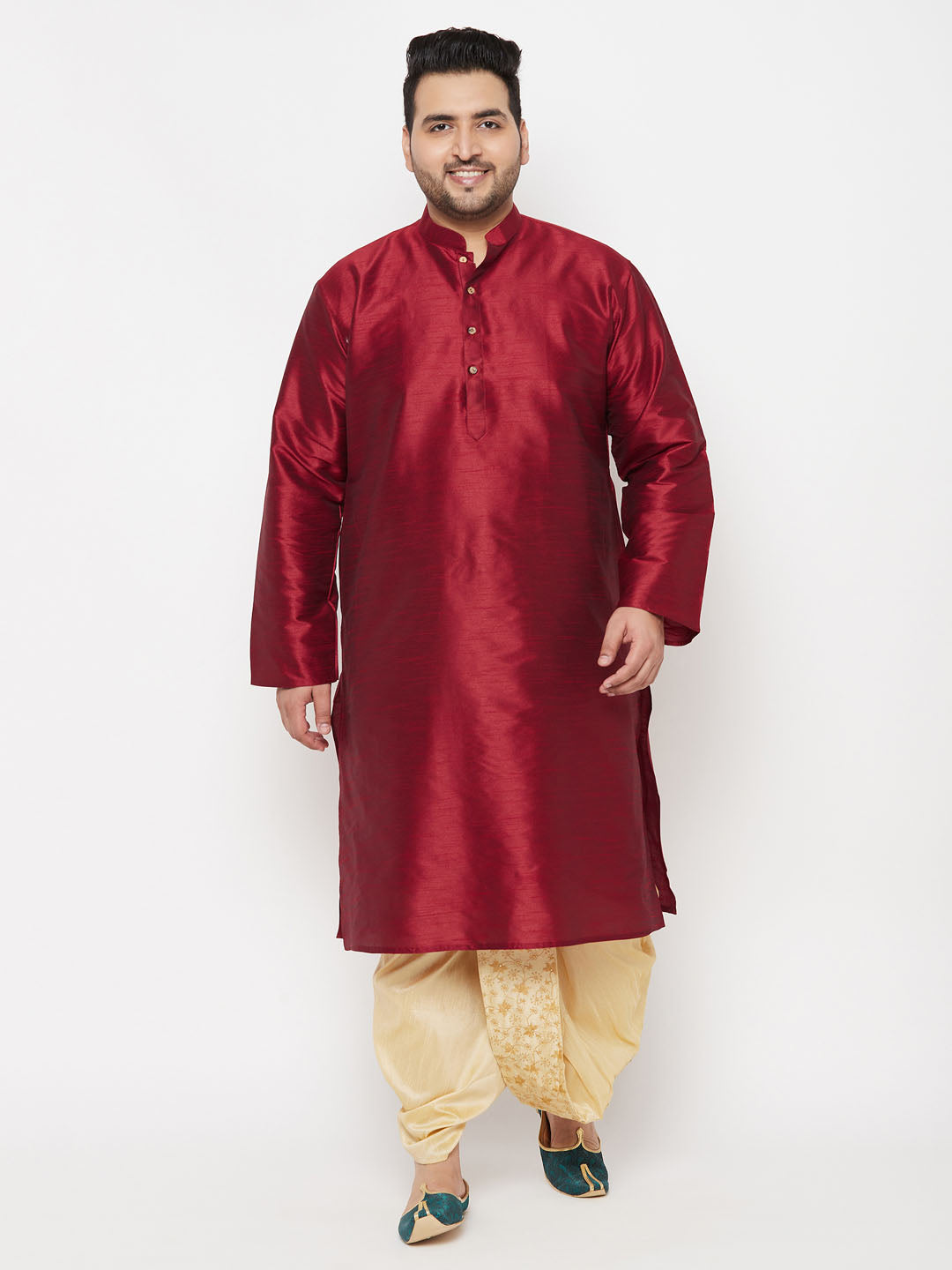 Vastramay Men's Plus Size Maroon Silk Blend Kurta And Gold Dhoti Set