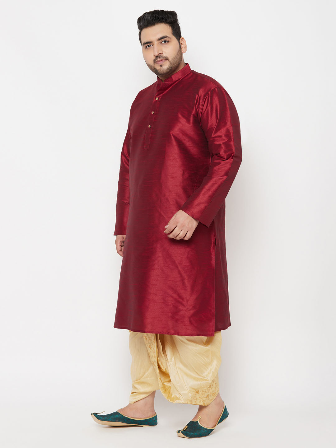 Vastramay mens plus size maroon silk blend kurta and gold dhoti set