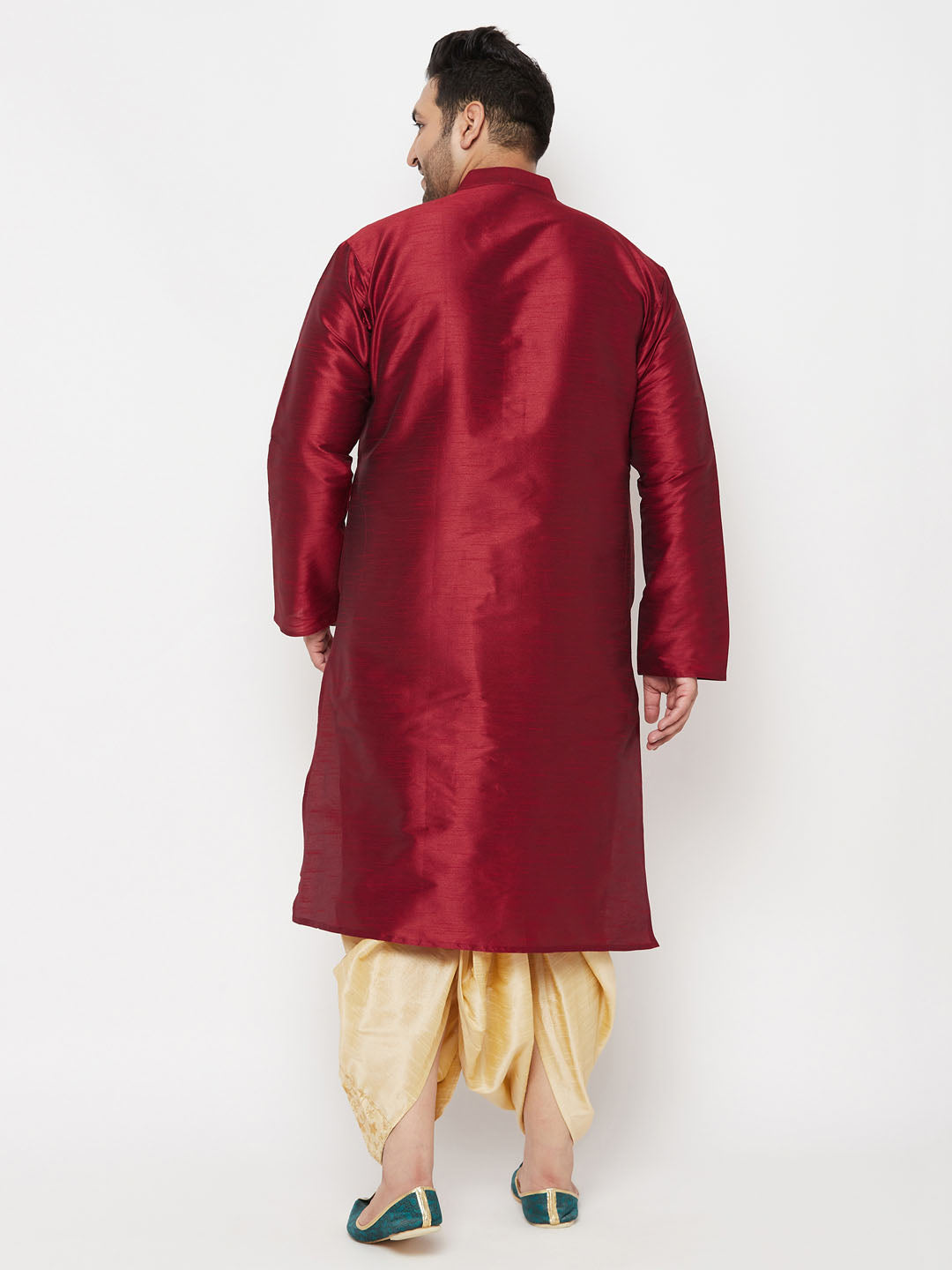 Vastramay mens plus size maroon silk blend kurta and gold dhoti set